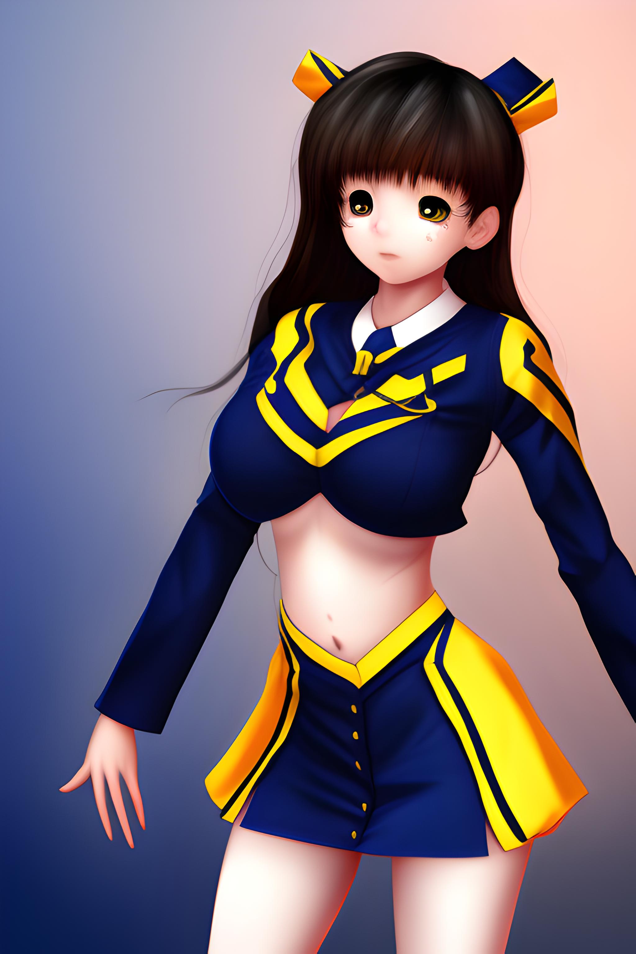 Anime cheerleader in navy blue and gold outfit with big breasts and big  butt | Wallpapers.ai